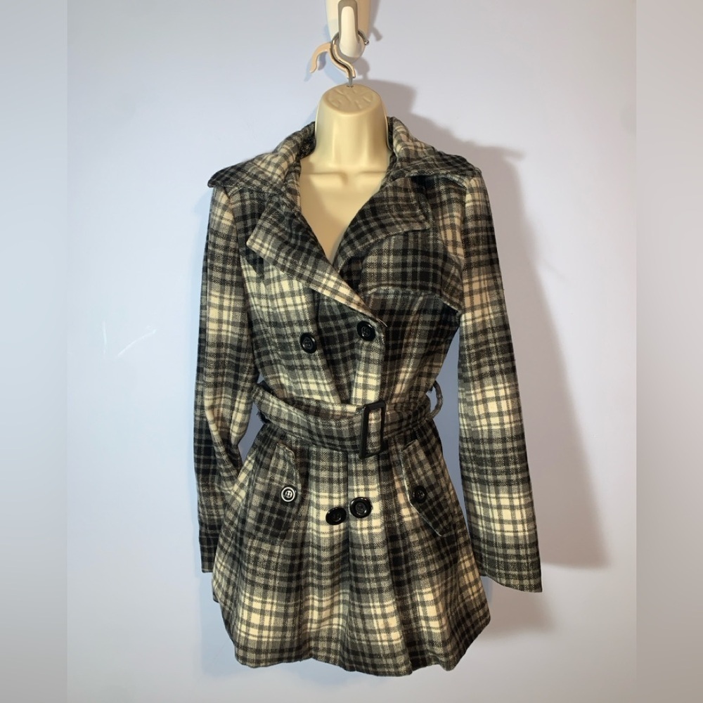 Say What? Black and Cream  off white Plaid belted pea Trench Coat wool blend XL